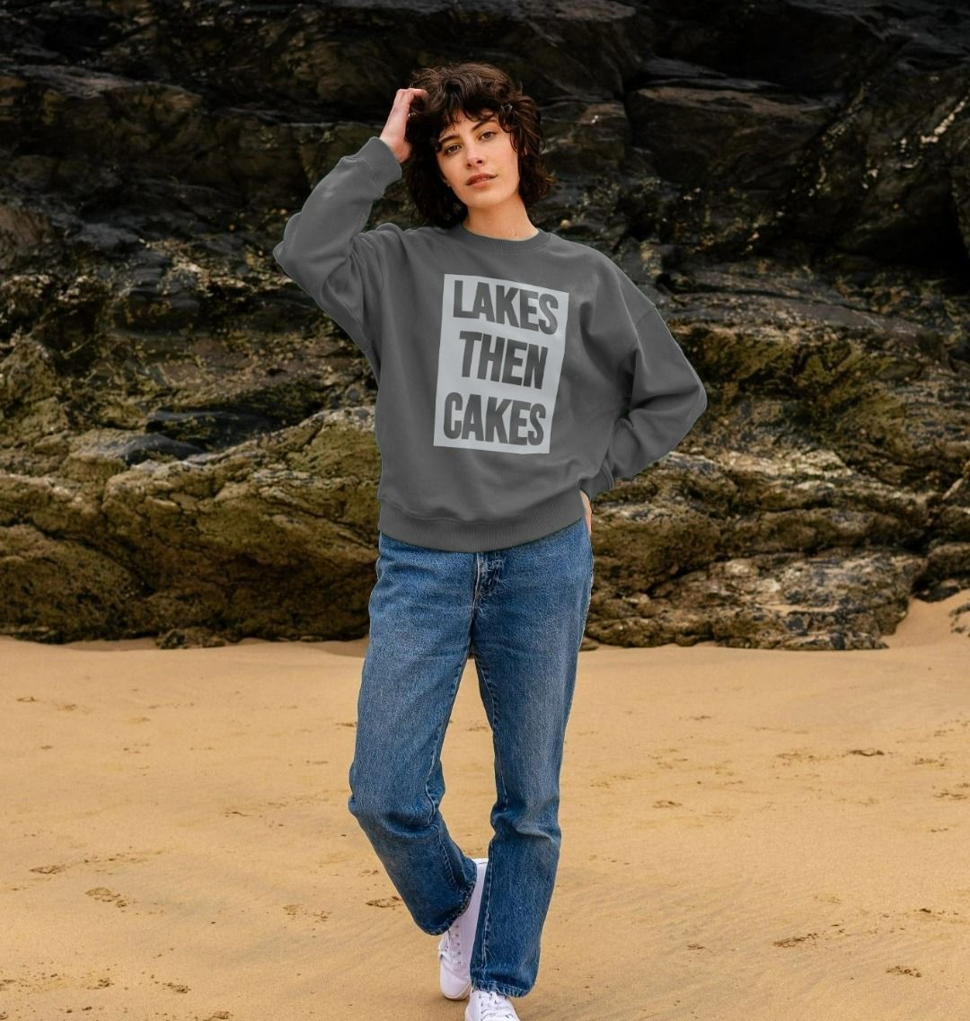 Lakes Then Cakes Oversized Crew Neck Sweatshirt With Back Print In Hazy White