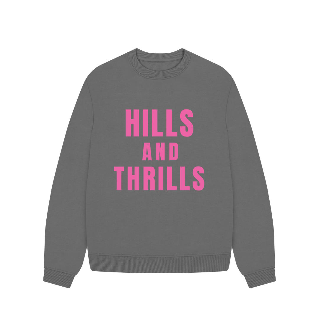 Slate Grey Hills And Thrills Oversized Crew Neck Sweatshirt With Back Print In Pink