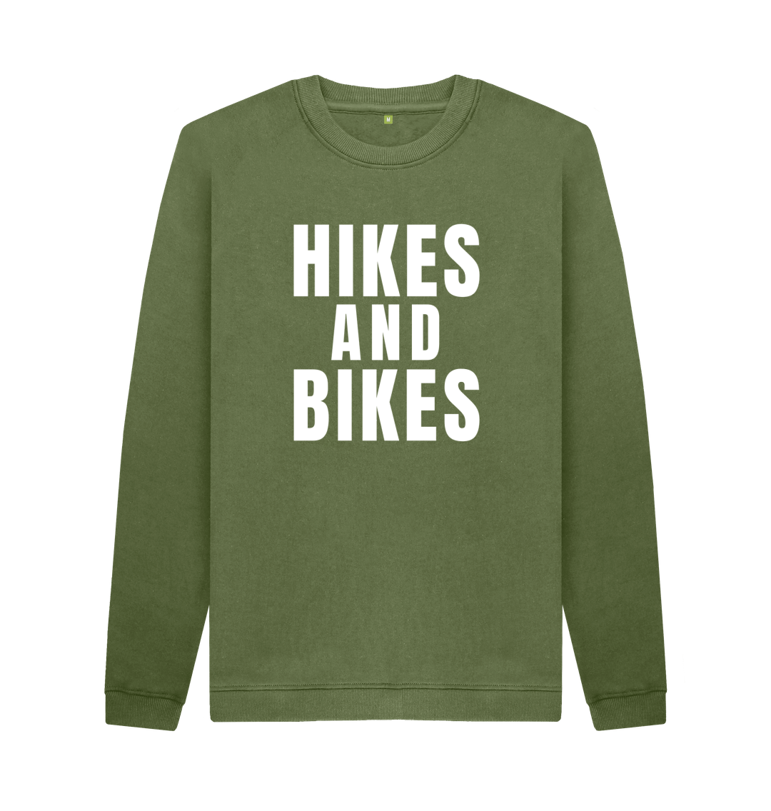 Khaki Organic Cotton Crew Neck Sweatshirt Hikes & Bikes Back With Print In White