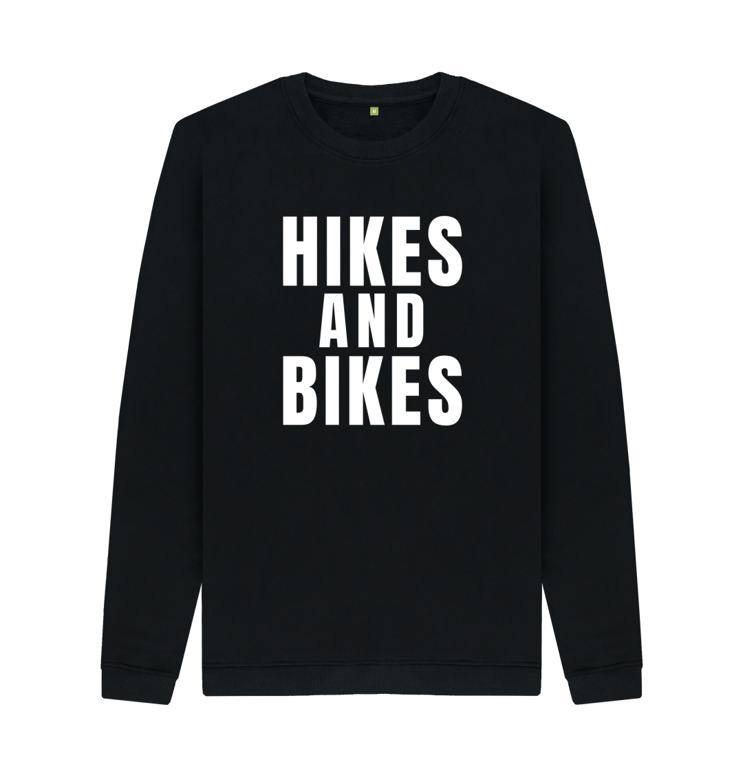 Black Organic Cotton Crew Neck Sweatshirt Hikes & Bikes Back With Print In White