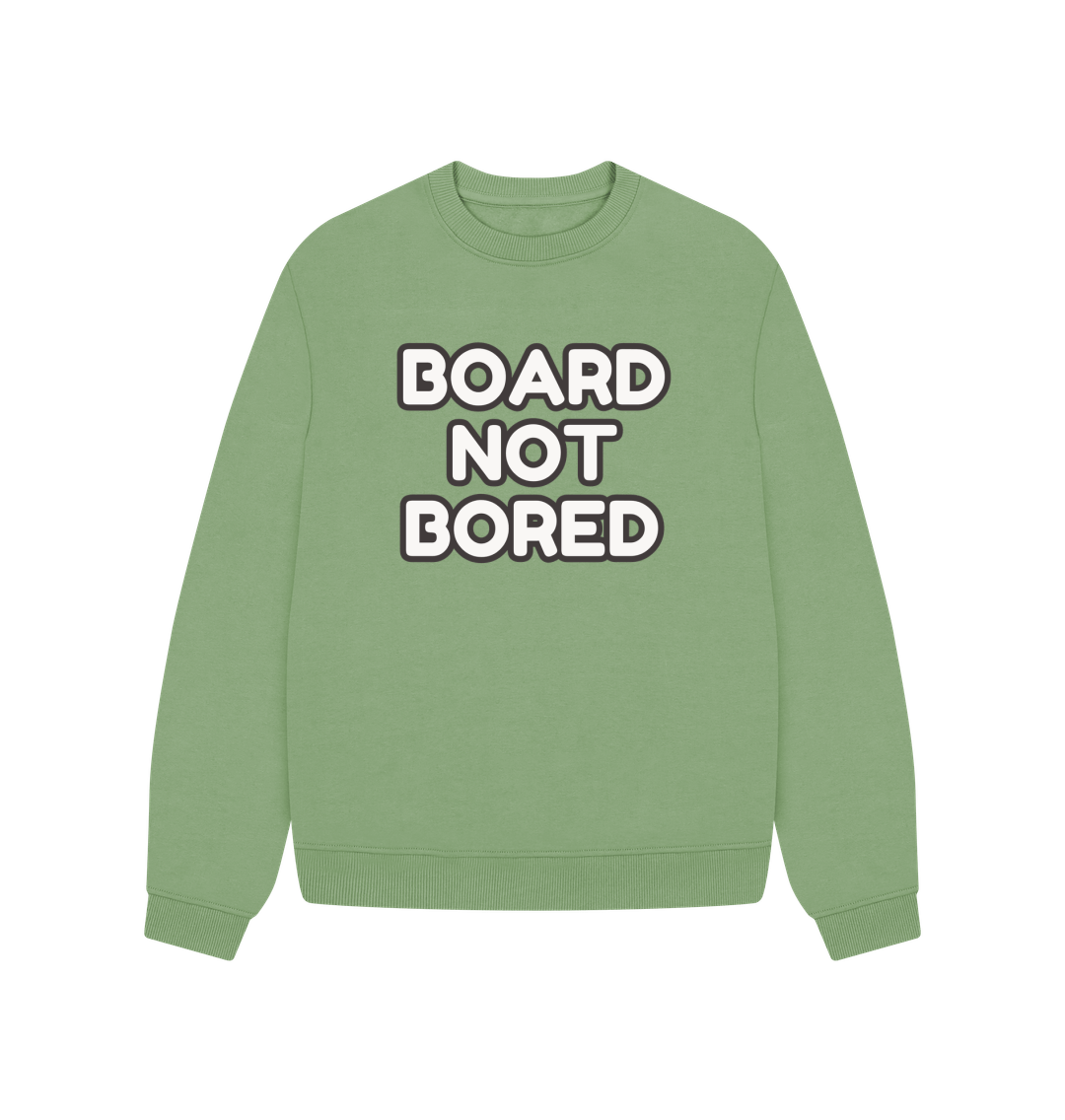 Sage Board Not Bored Oversized Crew Neck Sweatshirt With Back Print In White