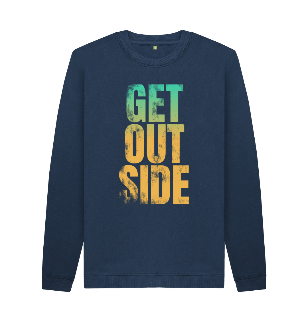 Navy Blue 'GET OUTSIDE' Mens Organic Cotton Crew Neck Sweatshirt With Back Print In White