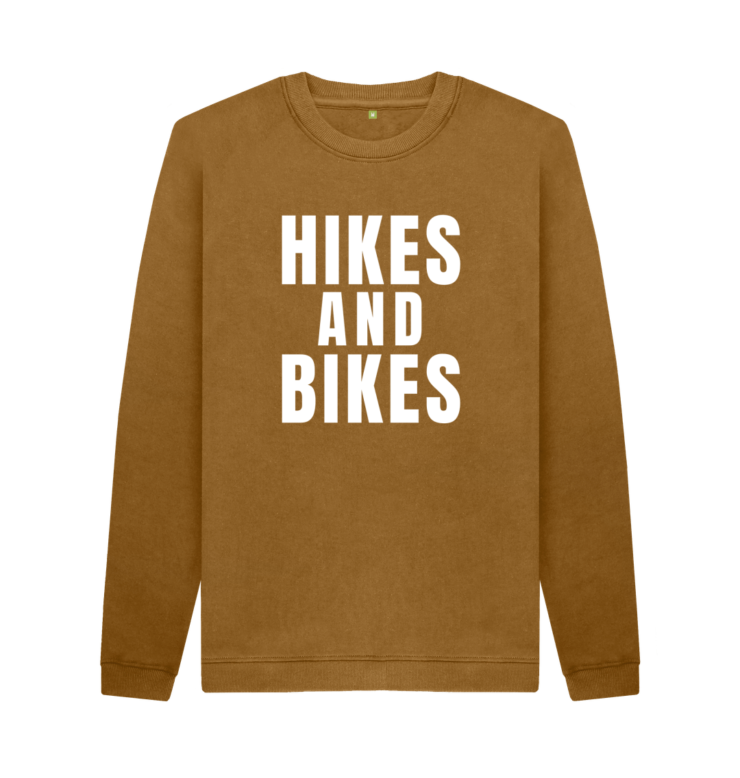 Brown Organic Cotton Crew Neck Sweatshirt Hikes & Bikes Back With Print In White