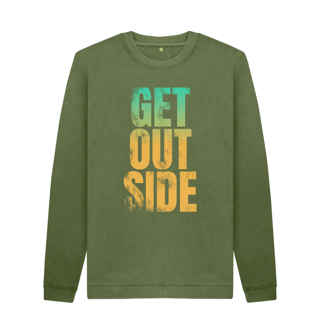 Khaki 'GET OUTSIDE' Mens Organic Cotton Crew Neck Sweatshirt With Back Print In White