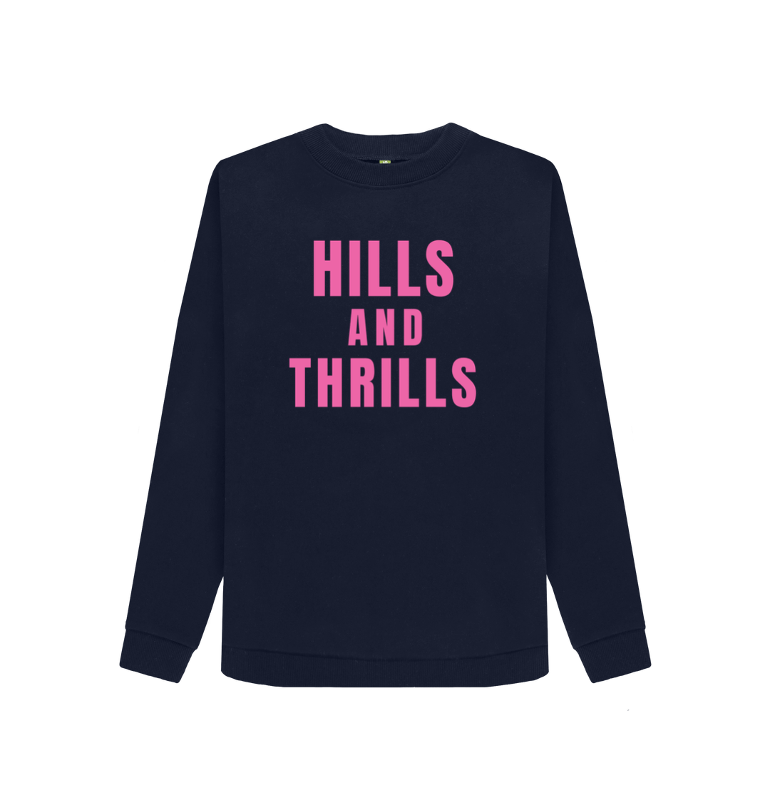 Navy Blue Hills And Thrills Crew Neck Sweatshirt With Back Print In Pink