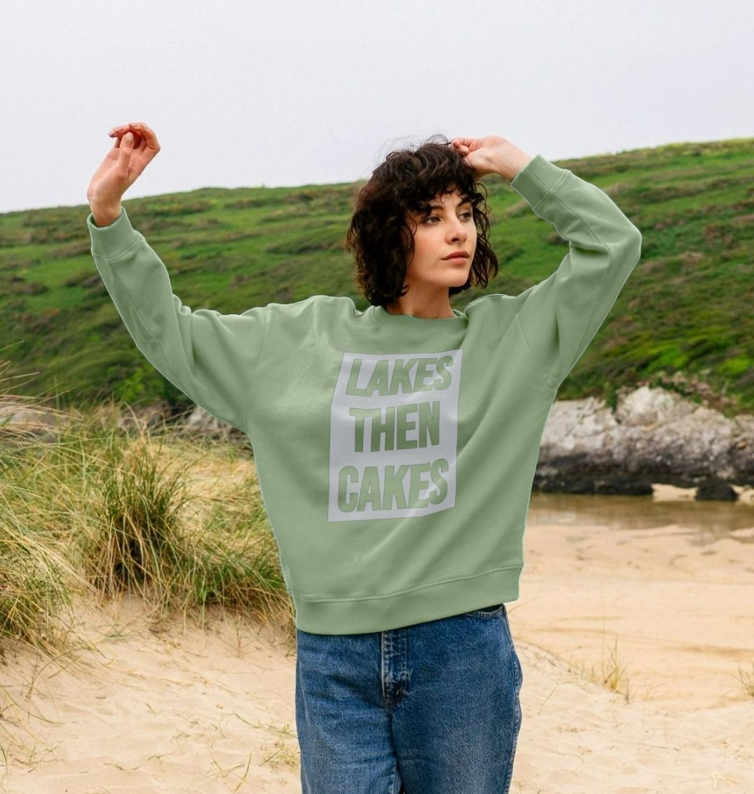 Lakes Then Cakes Oversized Crew Neck Sweatshirt With Back Print In Hazy White