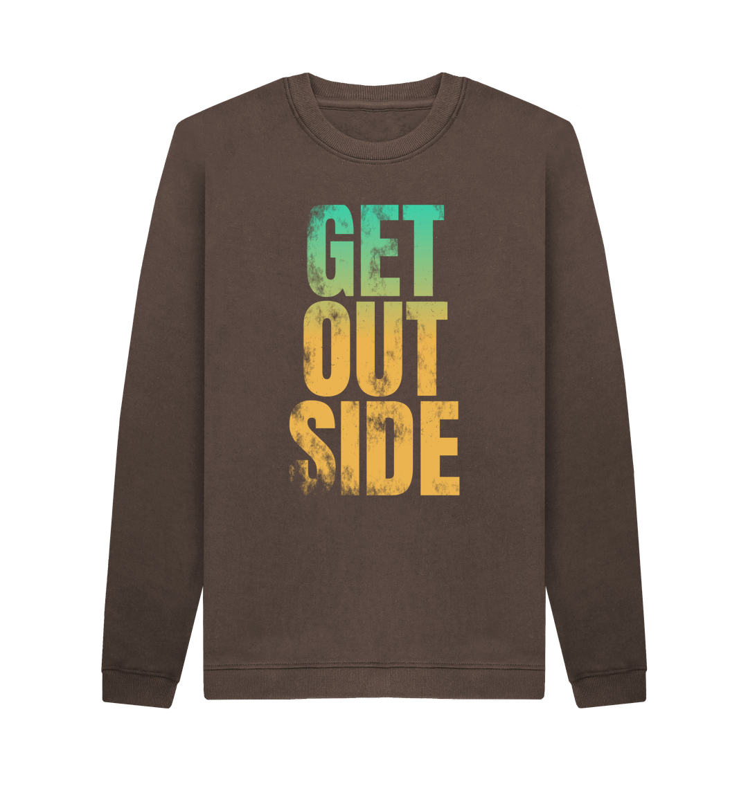 Chocolate 'GET OUTSIDE' Mens Organic Cotton Crew Neck Sweatshirt With Back Print In White