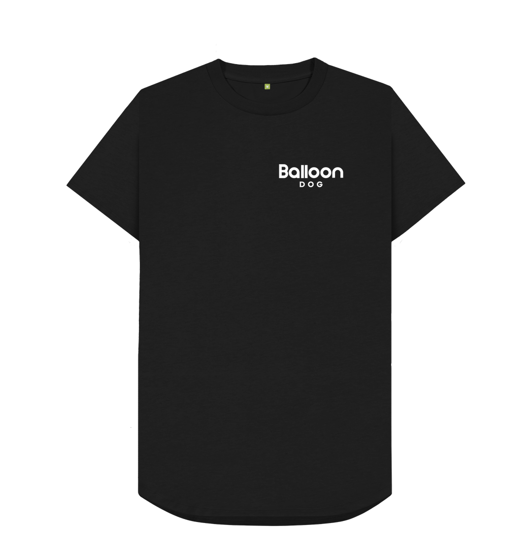 Black Organic Cotton Long Line T-shirt With Mini Logo & Back Print In White