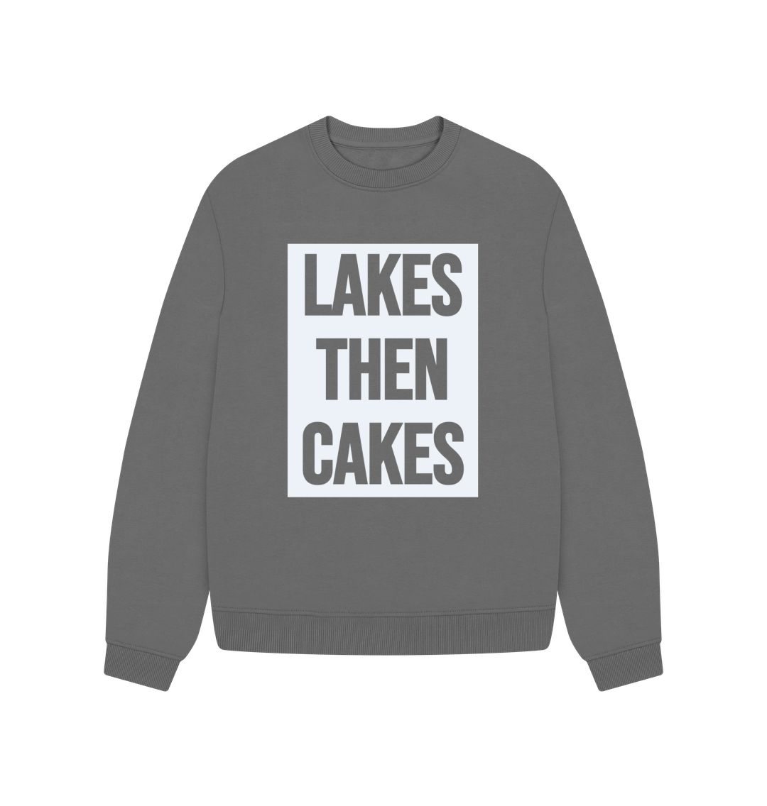 Slate Grey Lakes Then Cakes Oversized Crew Neck Sweatshirt With Back Print In Hazy White