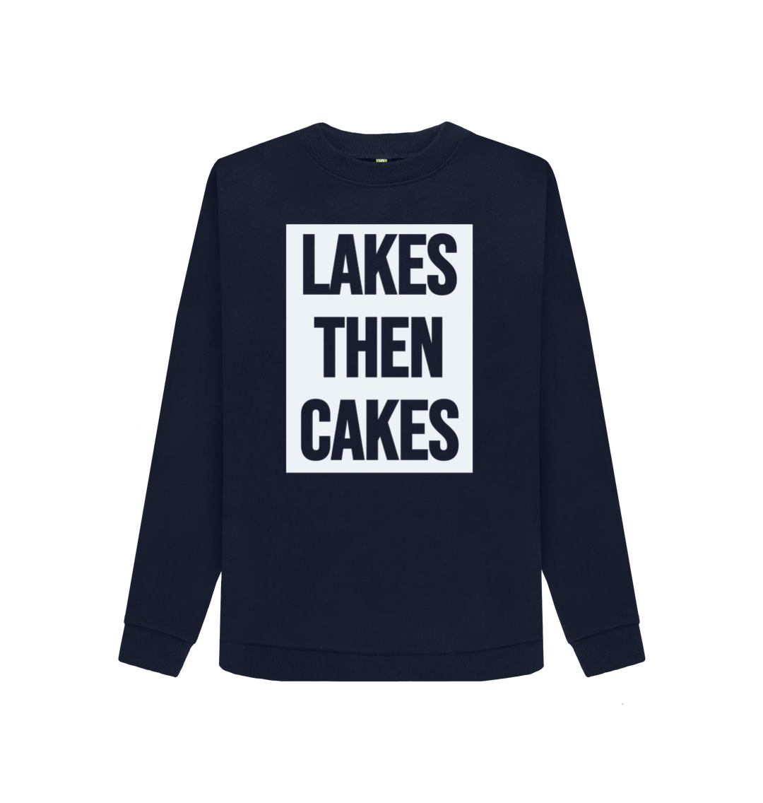 Navy Blue Lakes Then Cakes Organic Cotton Crew Neck Sweatshirt With Back Print Hazy White