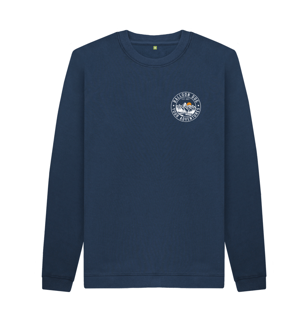 Navy Blue Mens Organic Cotton Crew Neck Sweatshirt Mini Faded With Back Print In White