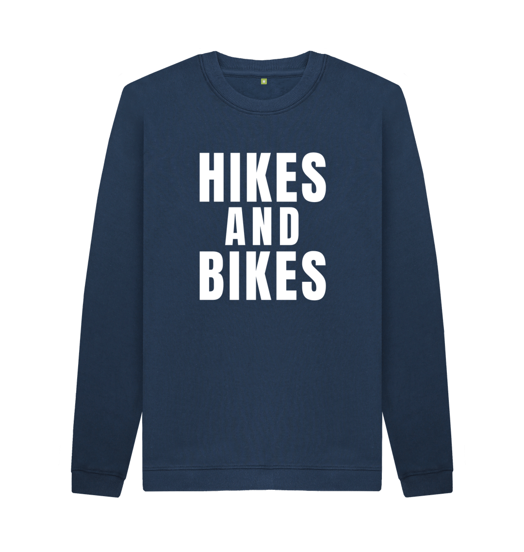 Navy Blue Organic Cotton Crew Neck Sweatshirt Hikes & Bikes Back With Print In White