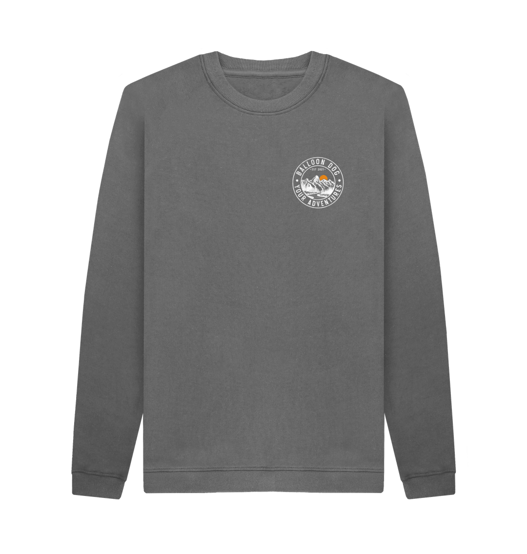 Slate Grey Mens Organic Cotton Crew Neck Sweatshirt Mini Faded With Back Print In White