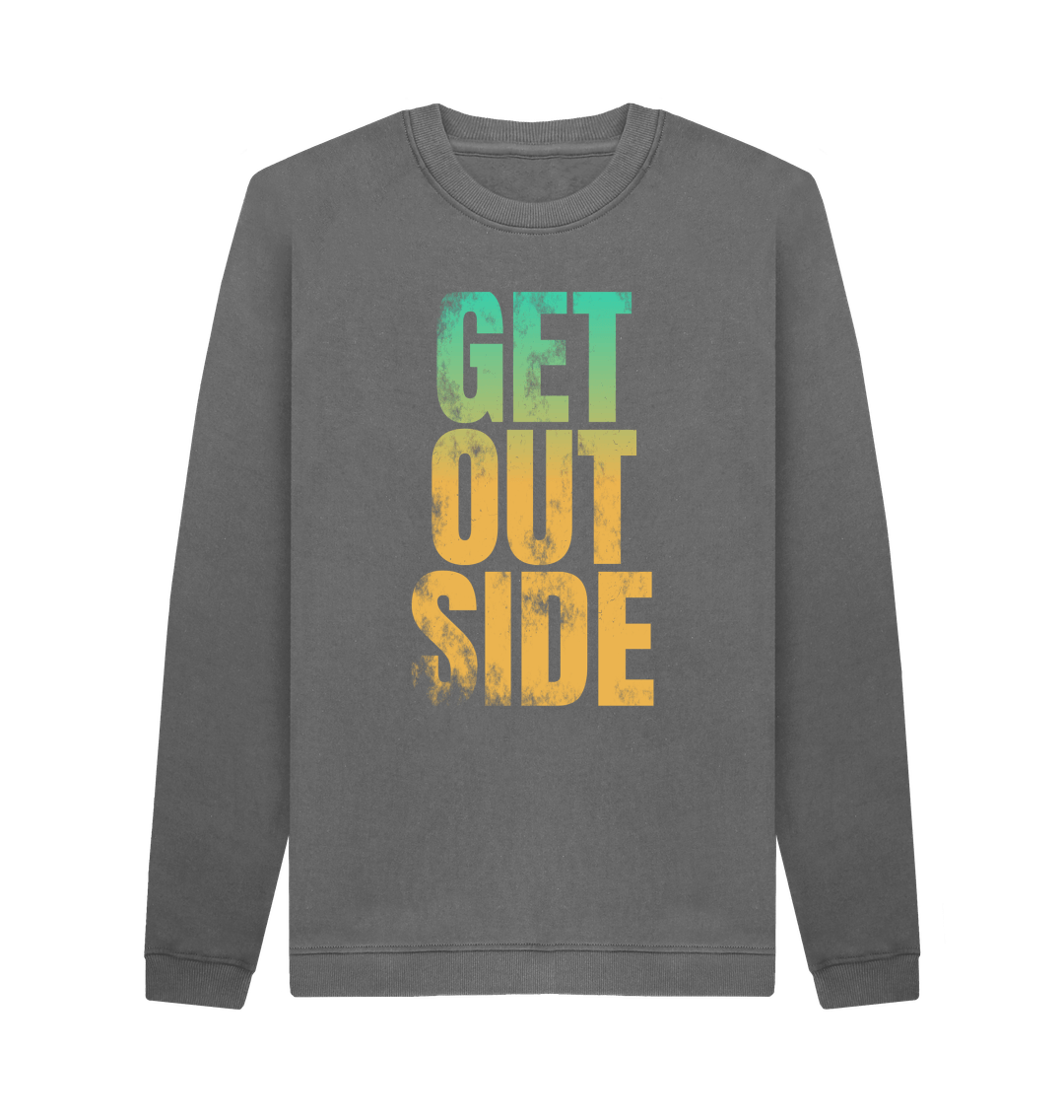 Slate Grey 'GET OUTSIDE' Mens Organic Cotton Crew Neck Sweatshirt With Back Print In White