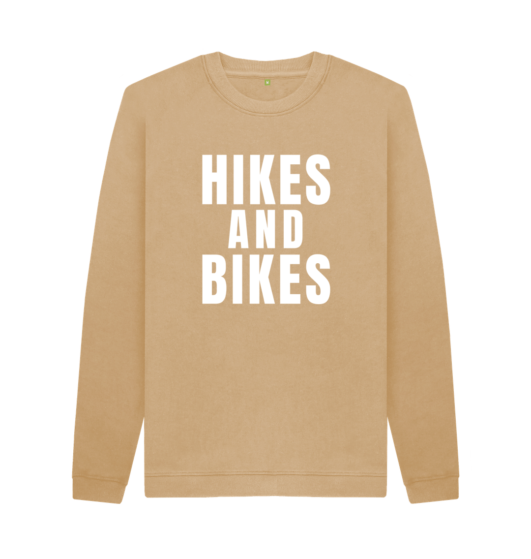 Sand Organic Cotton Crew Neck Sweatshirt Hikes & Bikes Back With Print In White