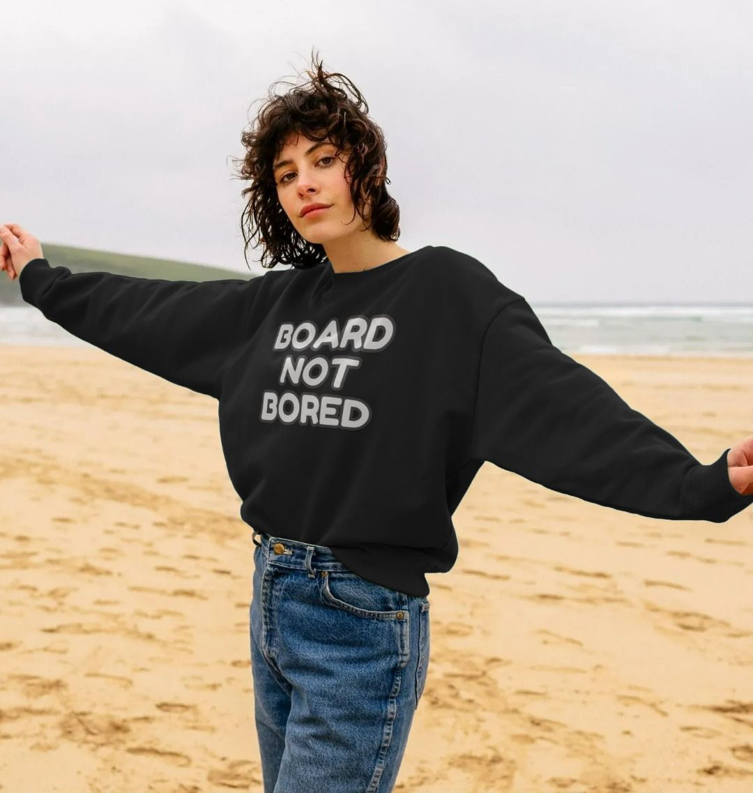 Board Not Bored Oversized Crew Neck Sweatshirt With Back Print In White